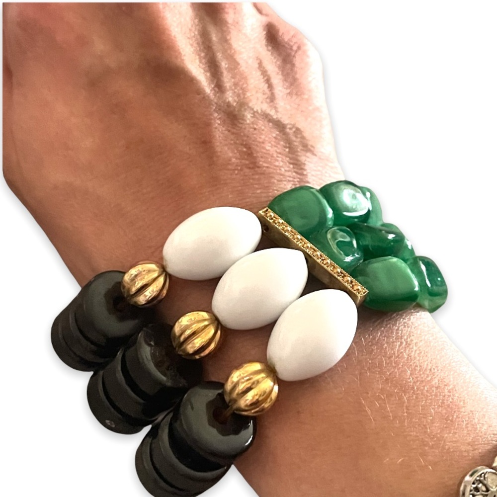 Vintage Extra Wide 3 Strand Egyptian Jade Lucite Beads Engraved Bracelet - Picture 2 of 11